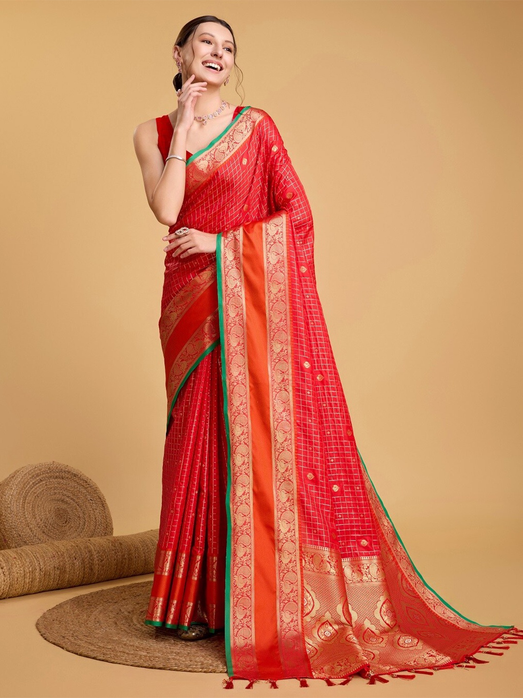 

Nimidiya Checked Zari Banarasi Saree with Tassels, Red