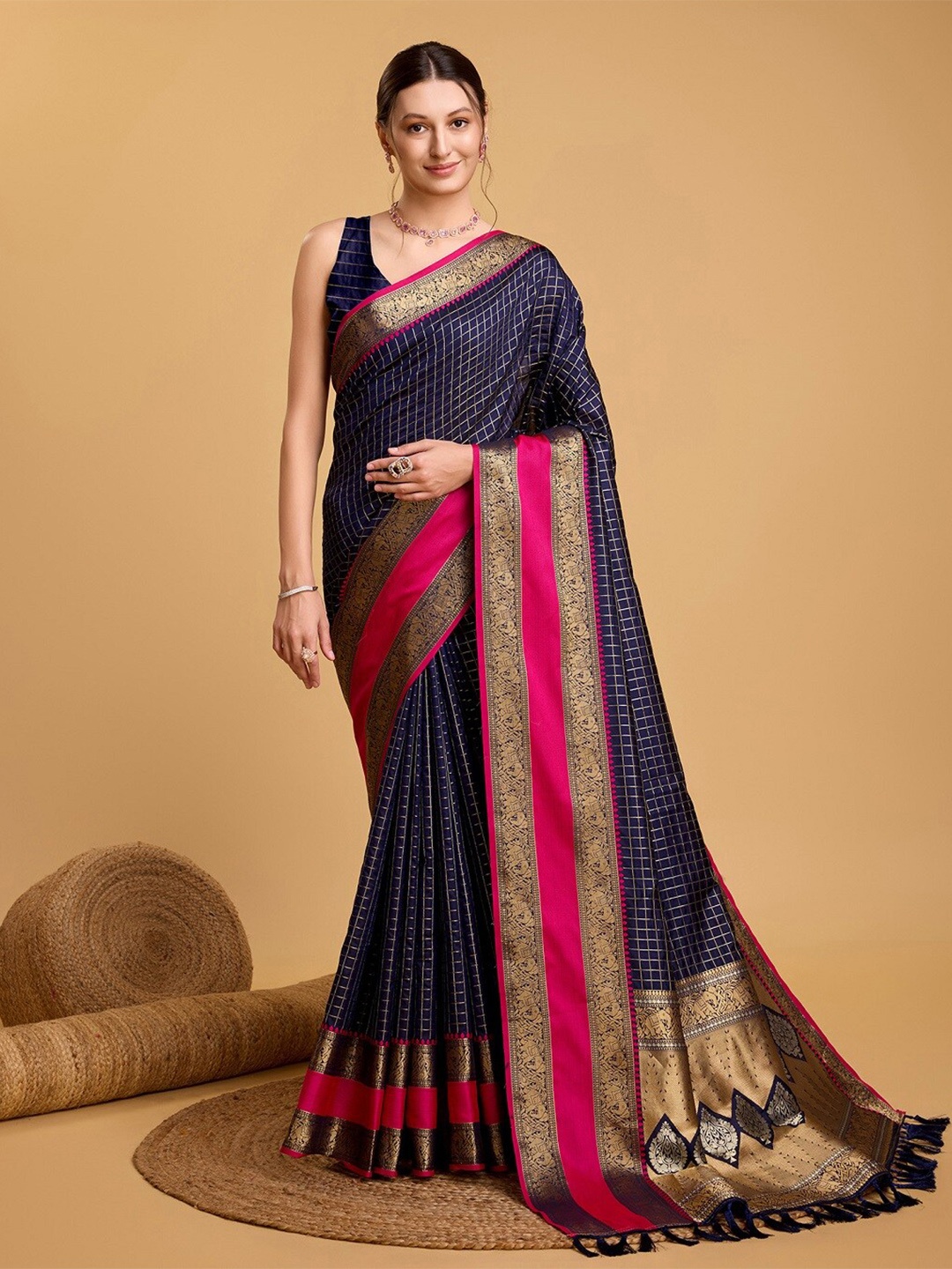 

Nimidiya Checked Zari Banarasi Saree, Navy blue