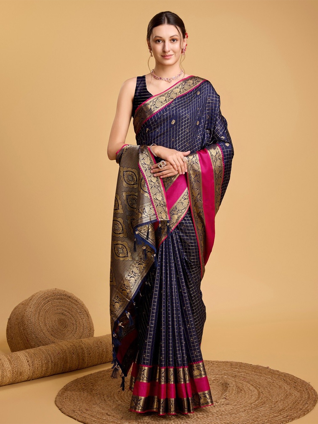 

Nimidiya Checked Zari Banarasi Saree with Tassels, Navy blue