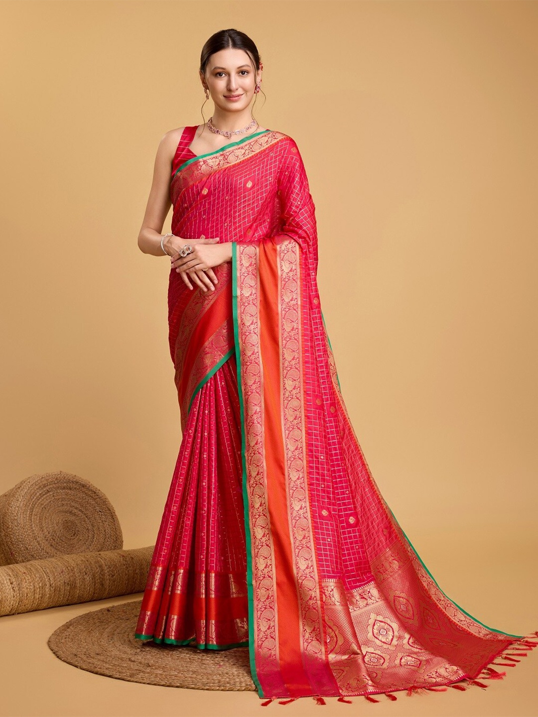 

Nimidiya Checked Zari Banarasi Saree with Tassels, Pink