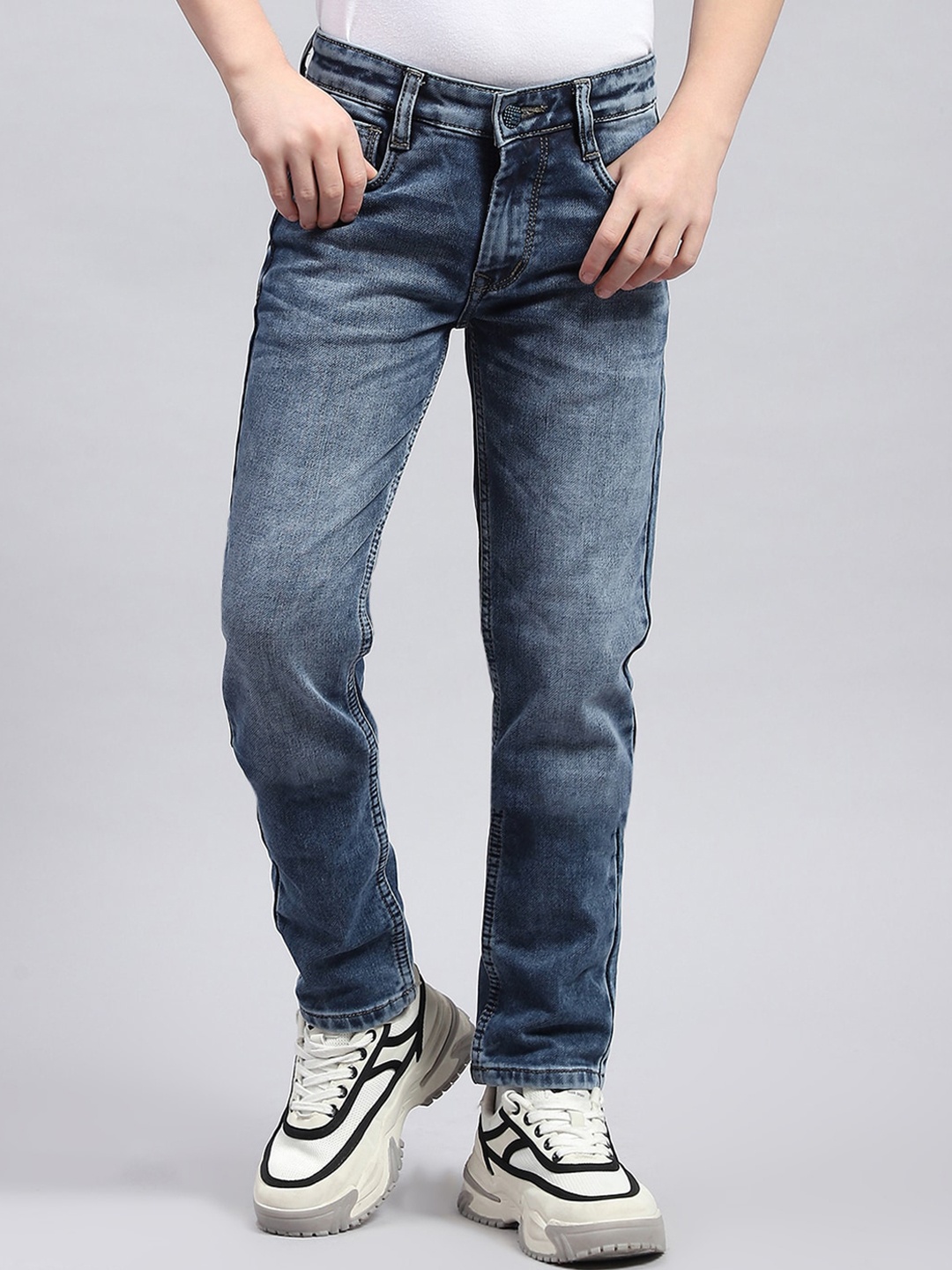 

Monte Carlo Boys Mid Rise Clean Look Heavy Fade Cotton Jeans, Blue