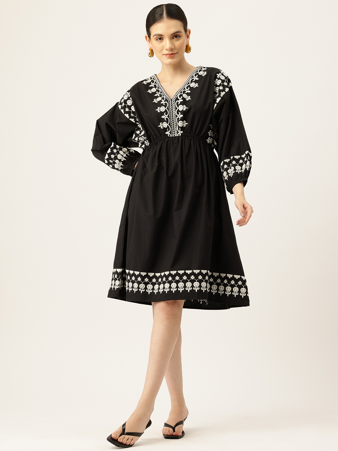 

MISRI Ethnic Motifs Embroidered Puff Sleeves A-Line Dress, Black