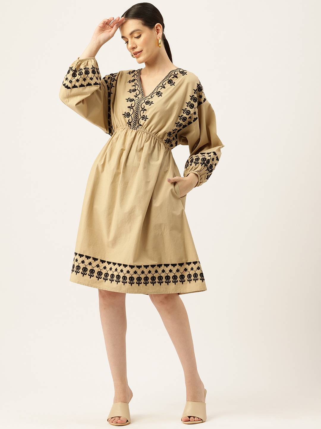 

MISRI Ethnic Motifs Embroidered Puff Sleeves A-Line Dress, Beige