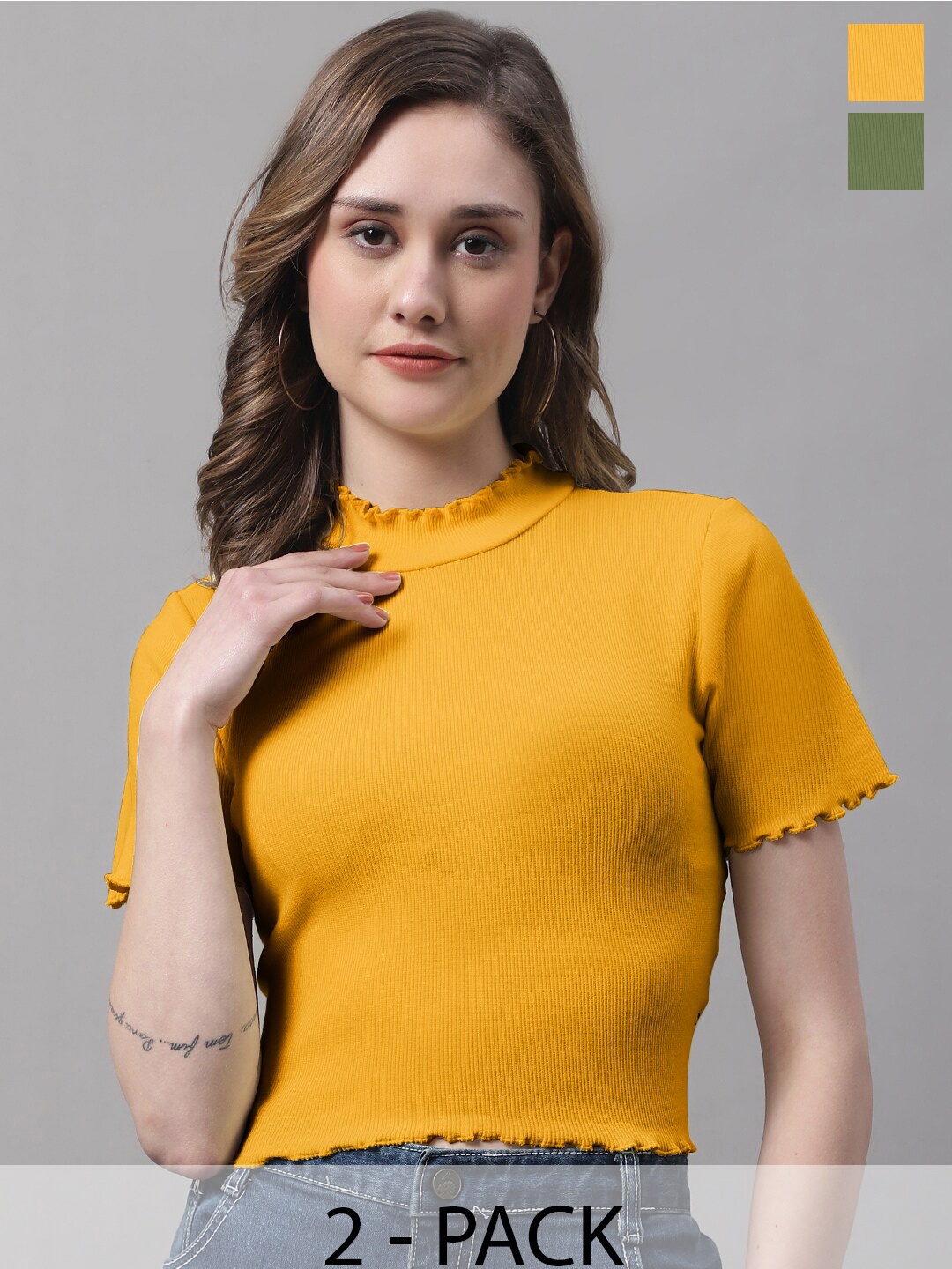 

FBAR Pack Of 2 High Neck Short Sleeves Fitted Cotton Crop Top, Mustard