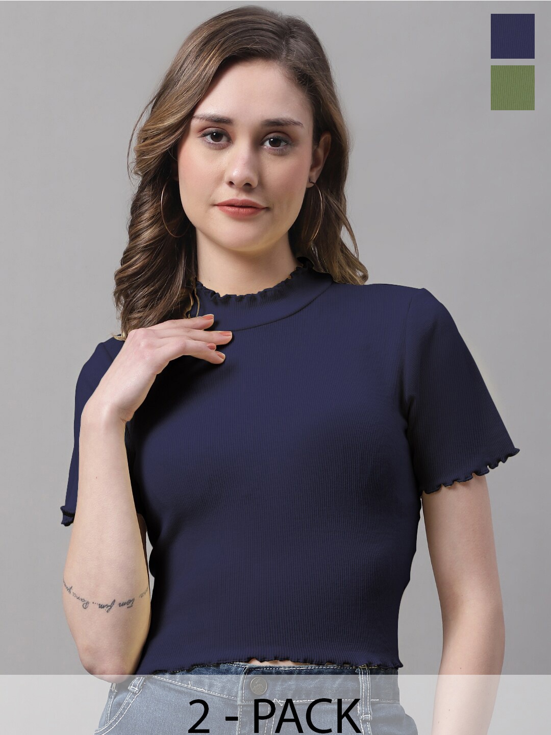 

FBAR Pack Of 2 High Neck Short Sleeves Fitted Cotton Top, Navy blue