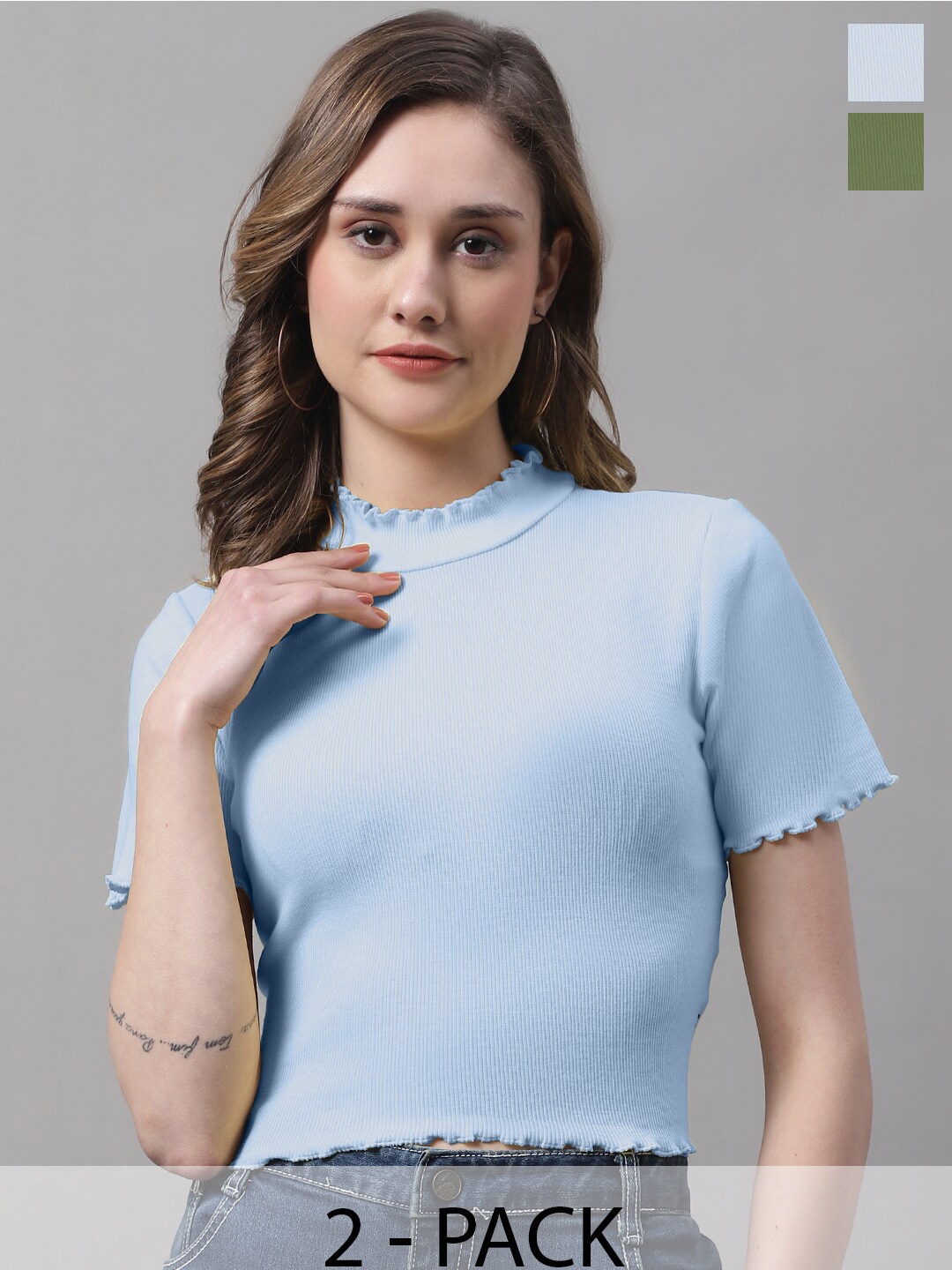 

FBAR Pack Of 2 High Neck Short Sleeves Fitted Cotton Top, Turquoise blue