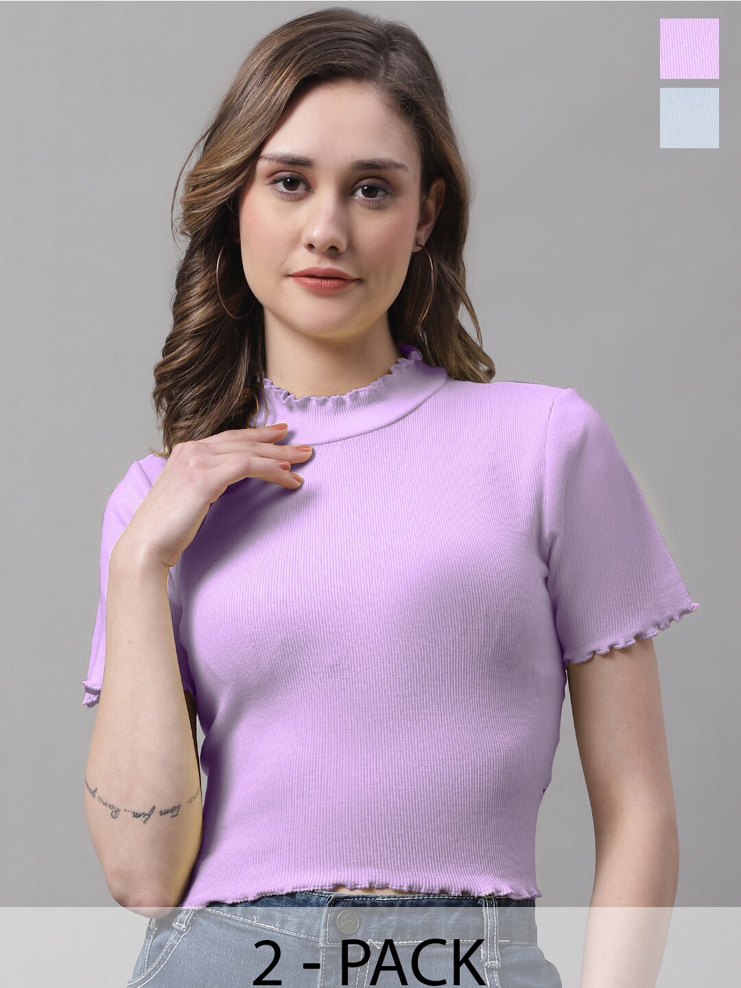 

FBAR Pack Of 2 High Neck Short Sleeves Fitted Cotton Crop Top, Purple