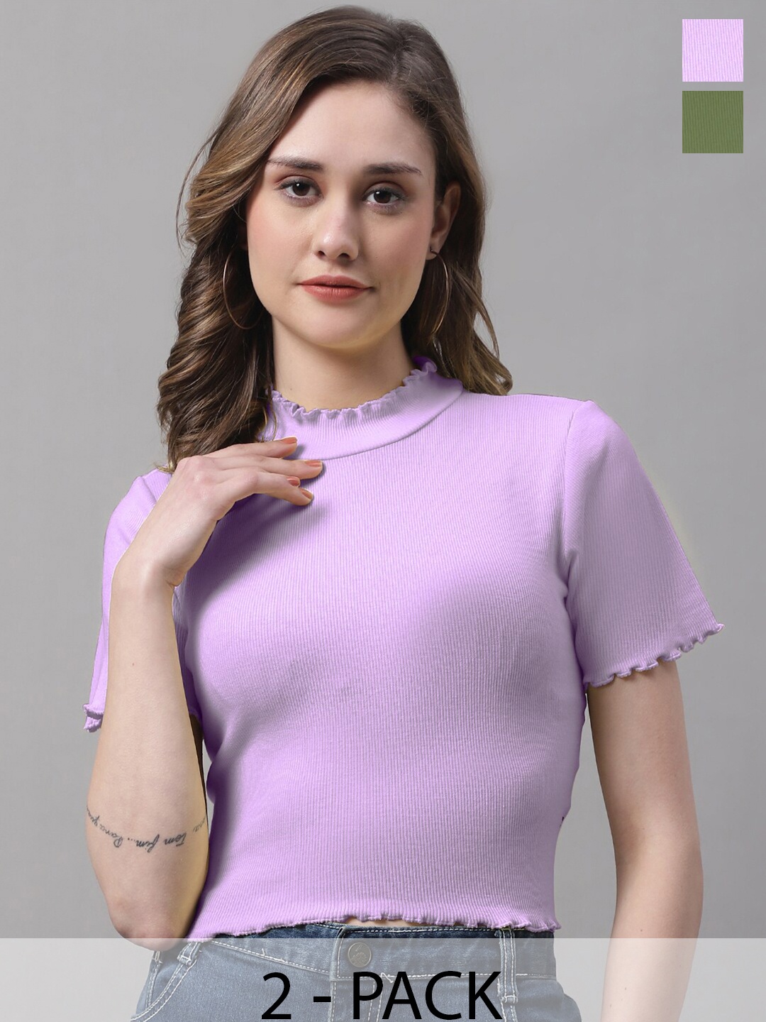 

FBAR Pack of 2 High Neck Cotton Crop Top, Purple