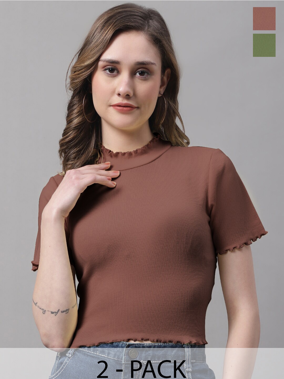 

FBAR Pack Of 2 High Neck Short Sleeves Fitted Cotton Top, Brown
