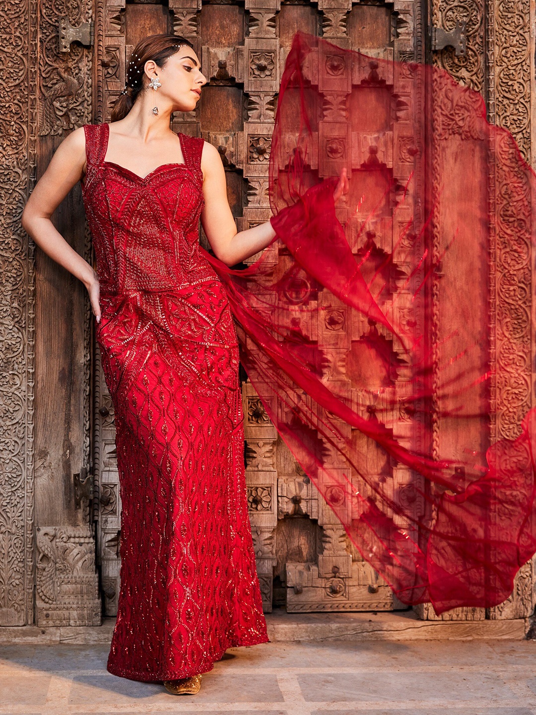 

Mehak Murpana Embroidered Square Neck Sleeveless Net Maxi Dress, Red