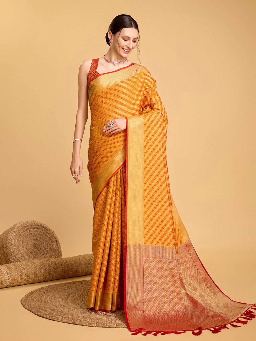 

Nimidiya Leheriya Zari Banarasi Saree with Tassels, Mustard