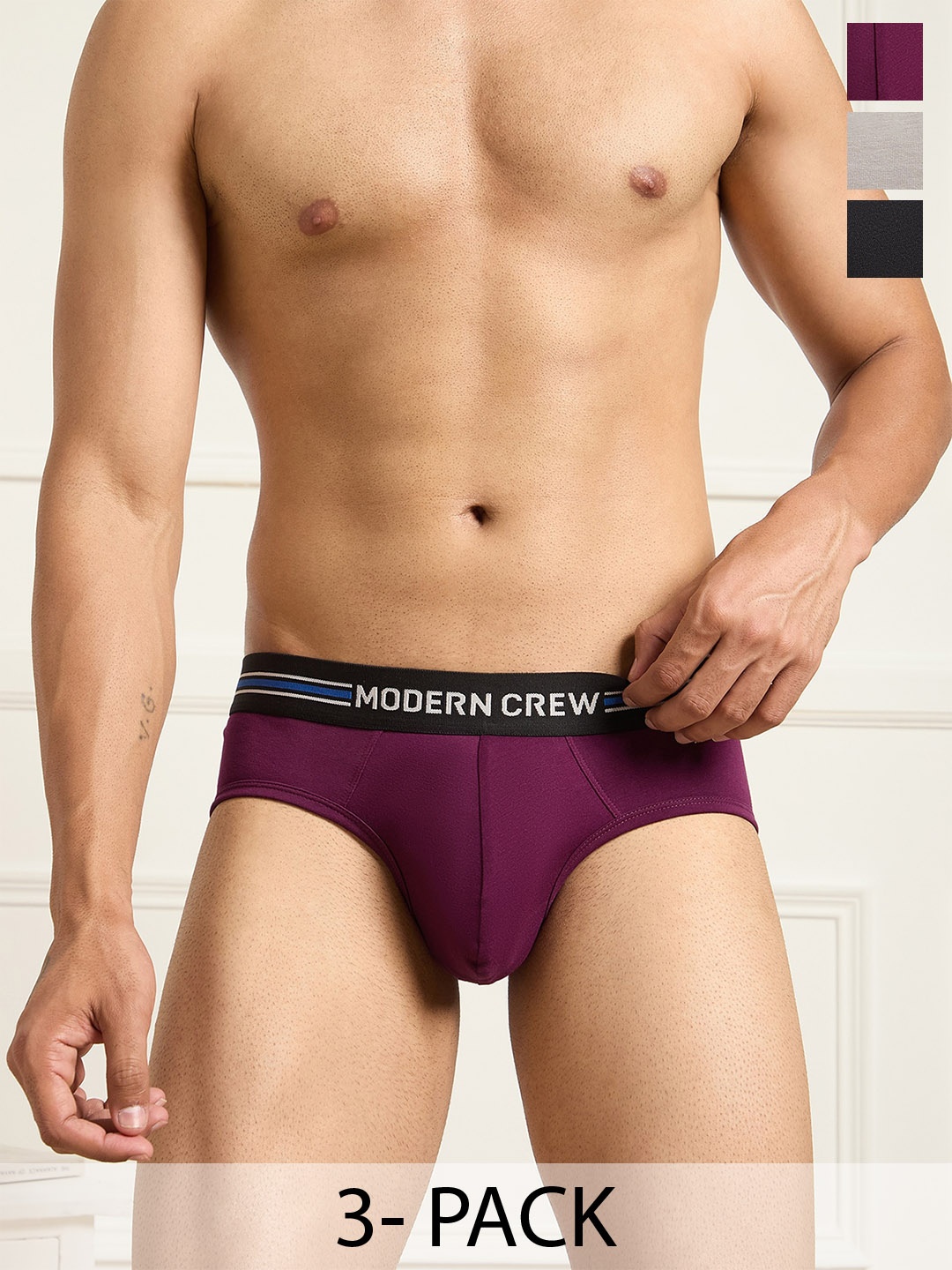 

MODERN CREW Men Pack of 3 CoolSense Cotton Briefs Underwear, Maroon