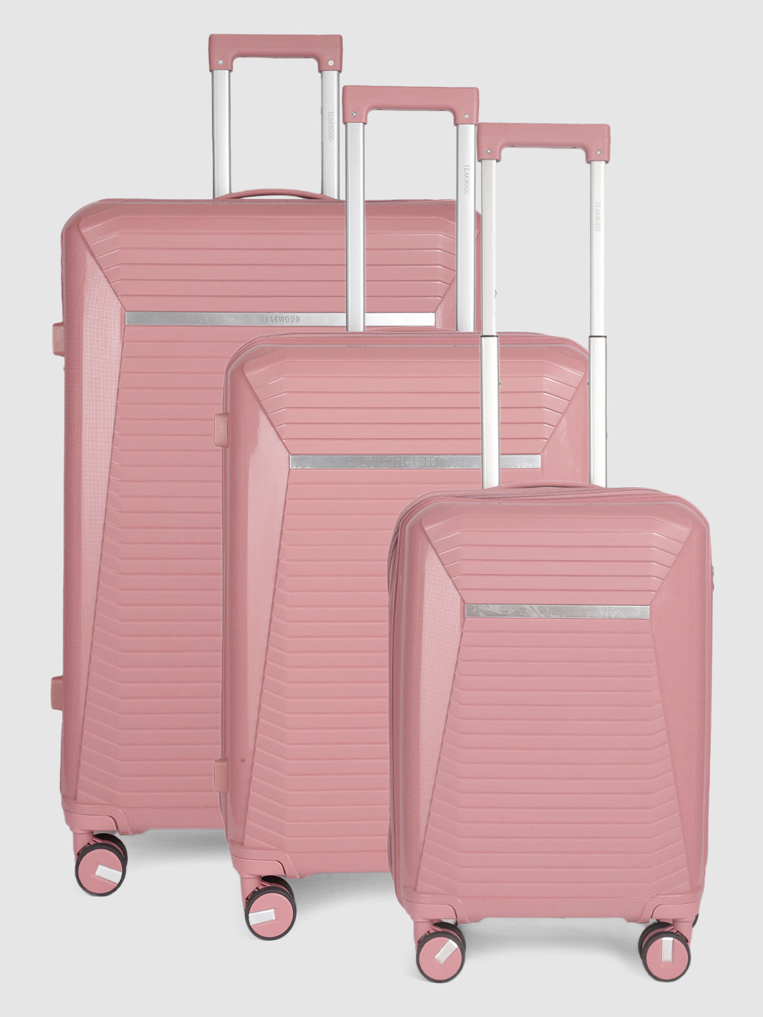 

Teakwood Leathers Set of 3 Shield Textured 360 Degree Rotation Hard Trolley Bags 182.3L, Rose