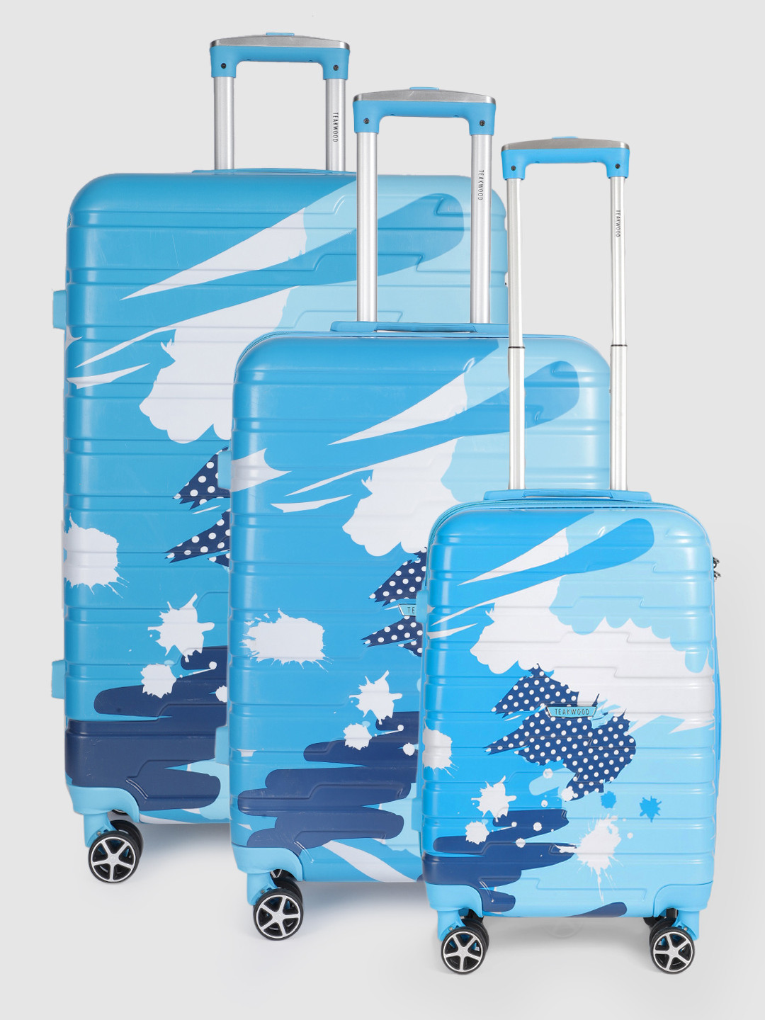 

Teakwood Leathers Set of 3 Cracker Print 360 Degree Rotation Hard Trolley Bags 182.3L, Blue