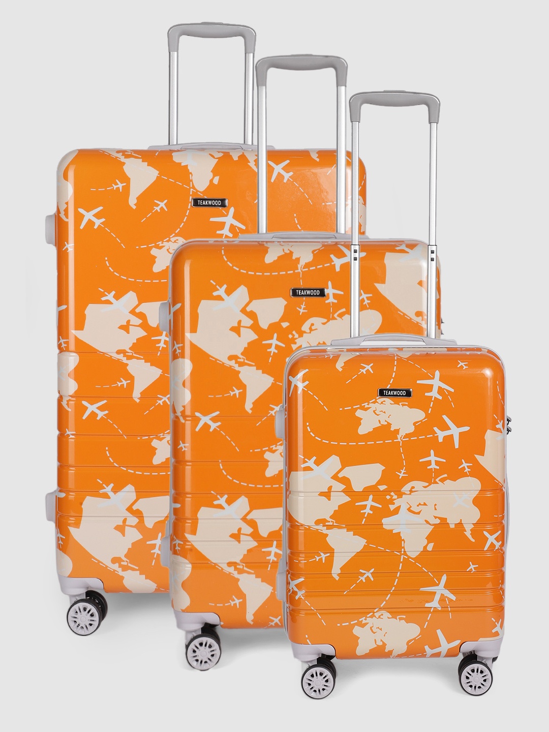 

Teakwood Leathers Set of 3 Aeroplane Print 360 Degree Rotation Hard Trolley Bags 182.3L, Orange