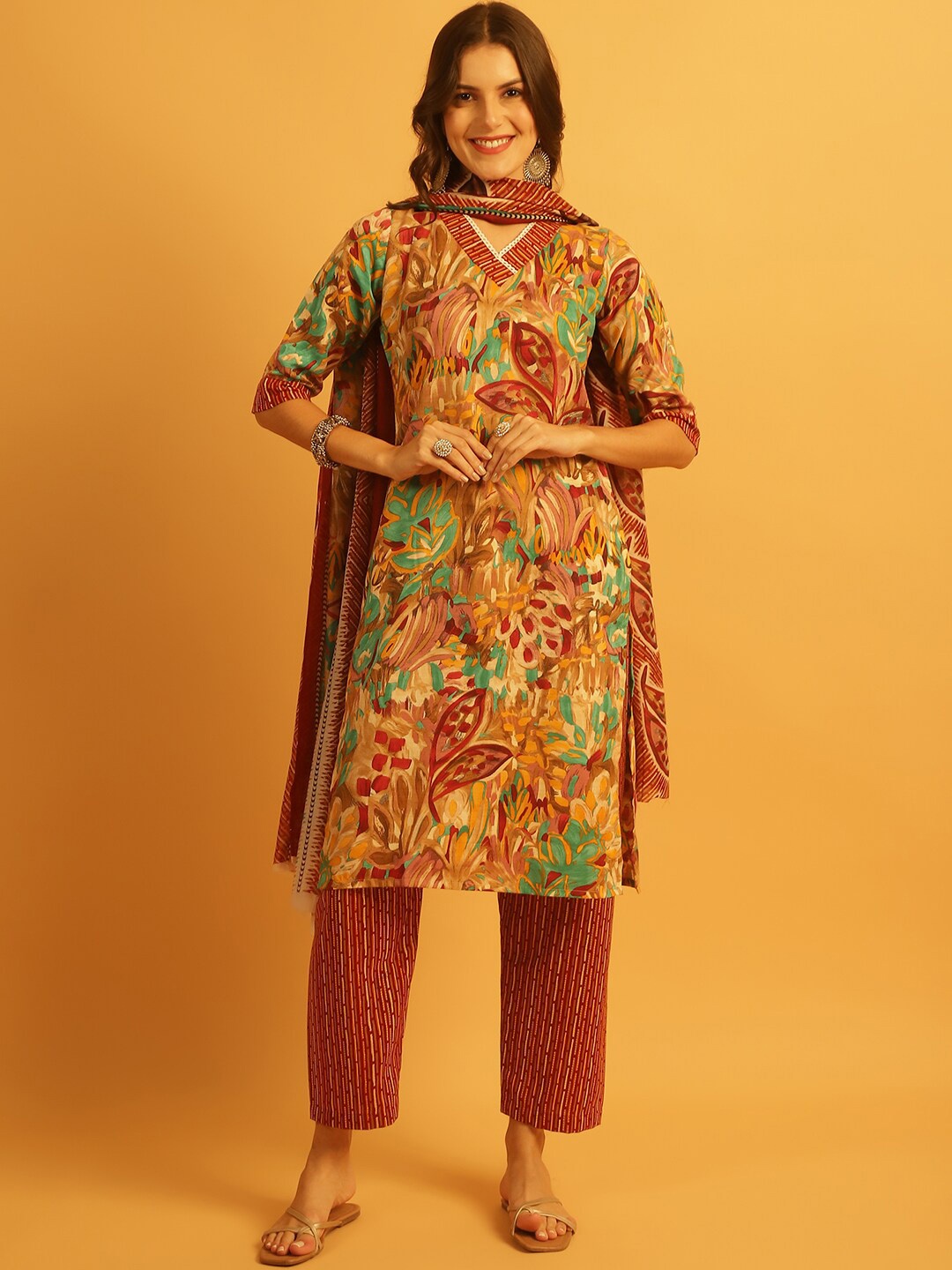 

7Threads Floral Printed V-Neck Pure Cotton Straight Kurta with Trousers & Dupatta, Brown