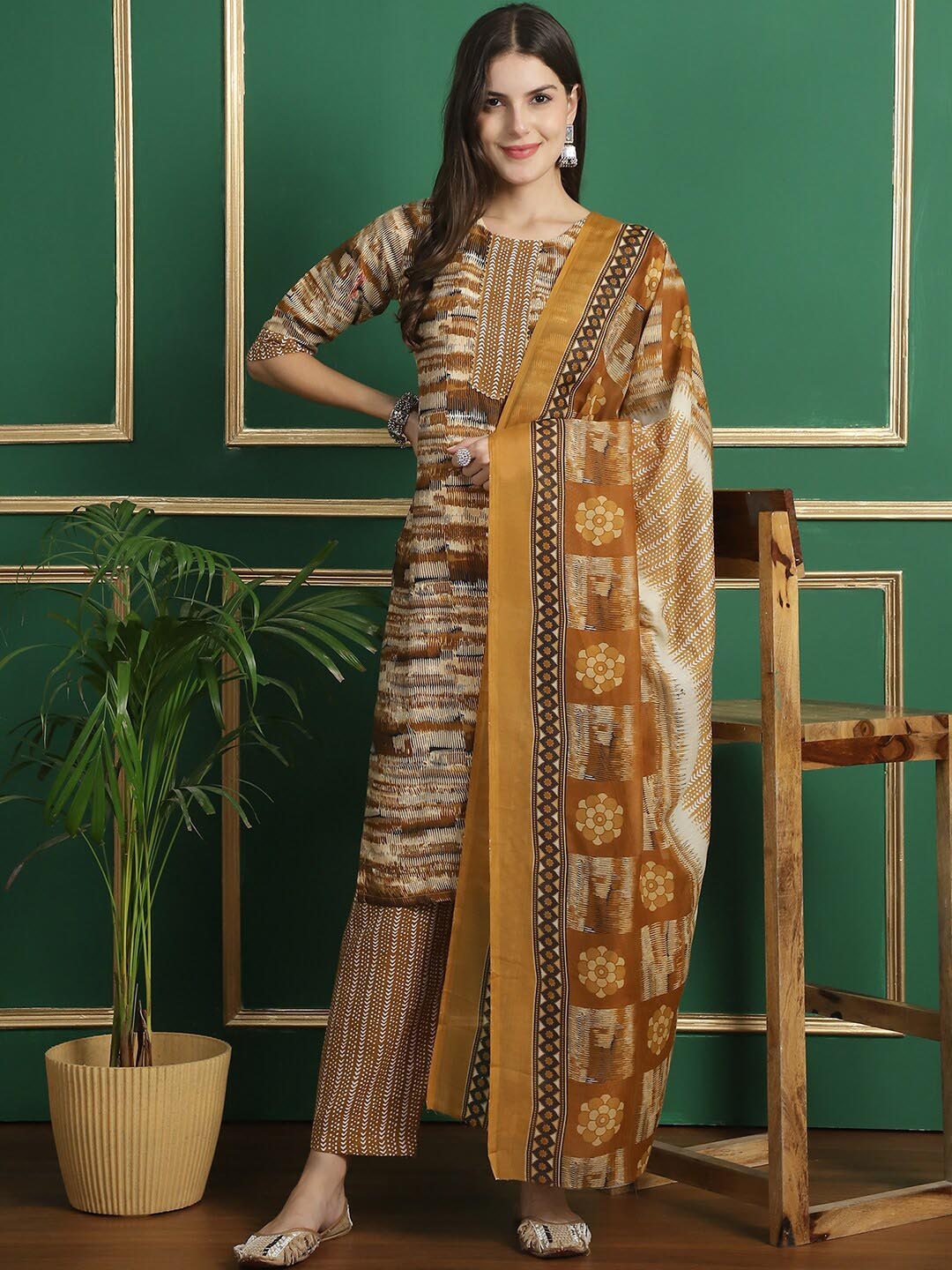 

7Threads Geometric Printed Regular Pure Cotton Kurta with Trousers & Dupatta, Coffee brown