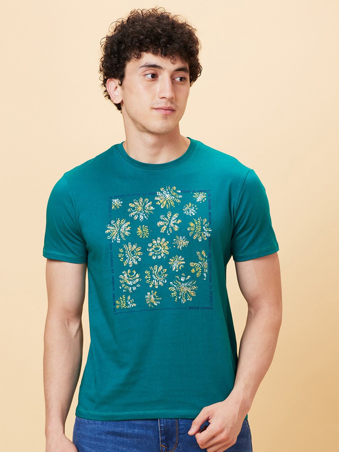 

Being Human Floral Printed Round Neck Short Sleeves Slim Fit T-shirt, Green