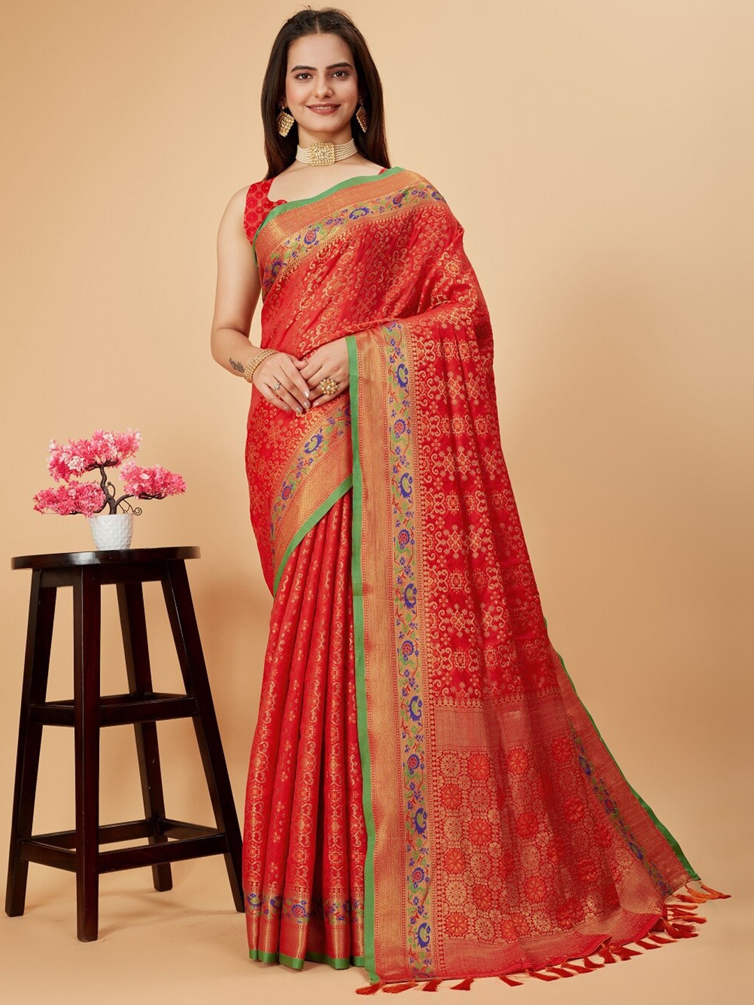 

Nimidiya Woven Design Ethnic Motifs Zari Patola Saree, Red