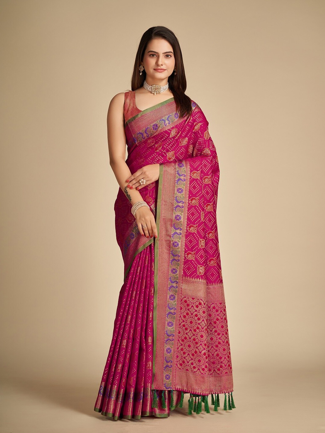 

Nimidiya Woven Design Zari Patola Saree with Tassels, Pink