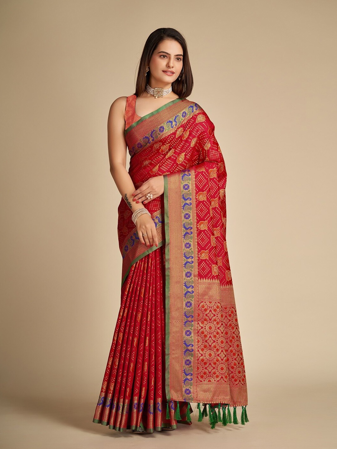 

Nimidiya Woven Design Zari Designer Patola Saree, Red