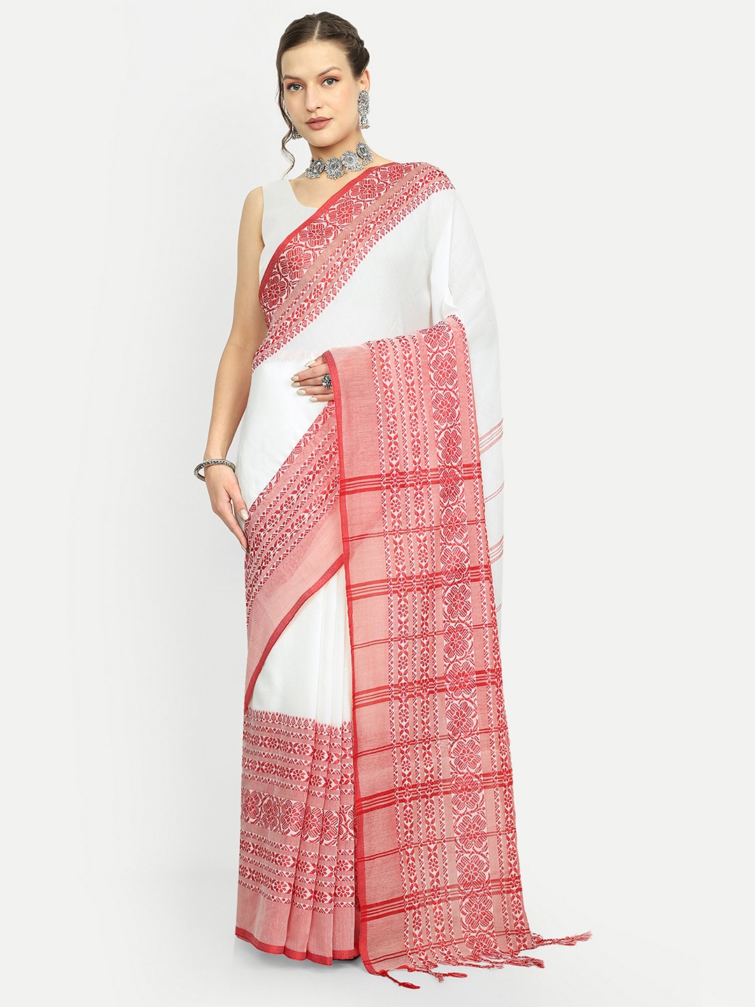 

SPRISH Ethnic Motifs Woven Design Taant Saree, White