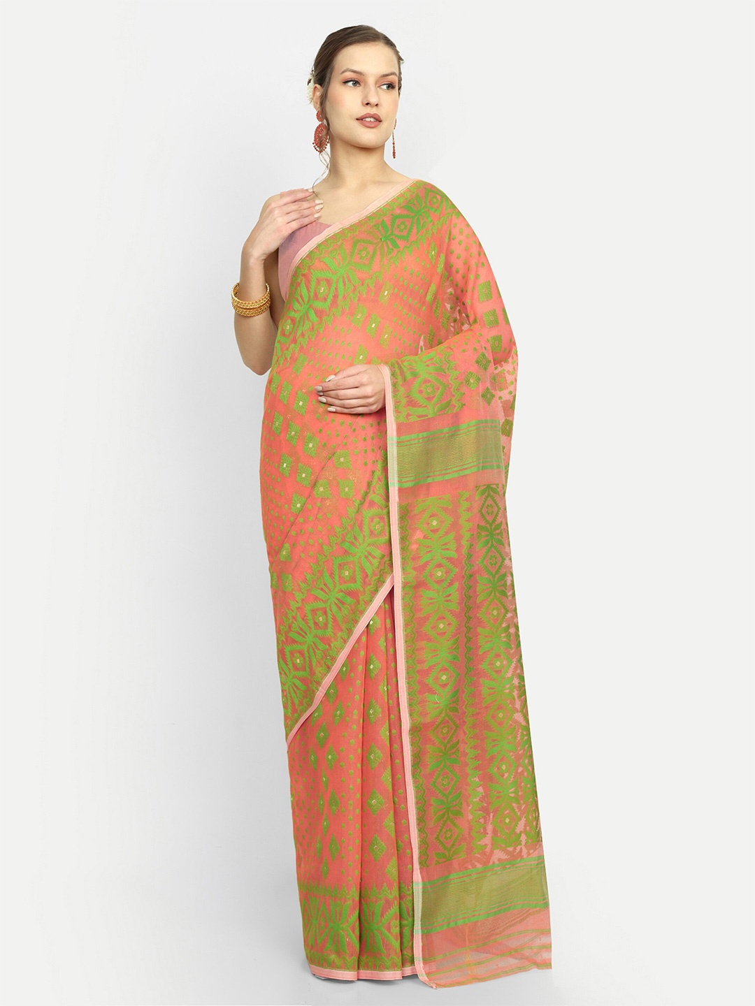 

SPRISH Ethnic Motifs Woven Design Jamdani Saree, Orange