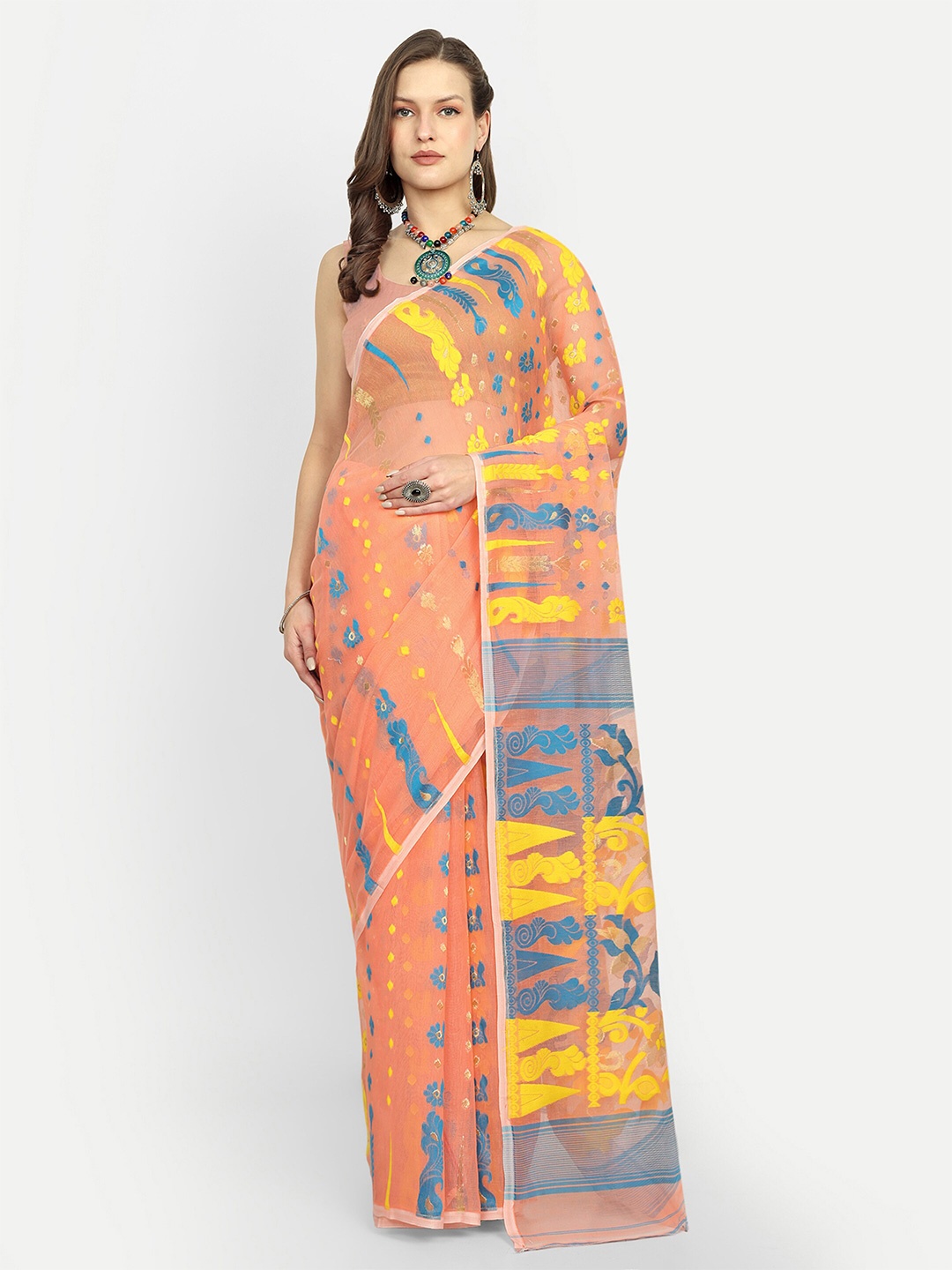 

SPRISH Ethnic Motifs Woven Design Jamdani Saree, Peach