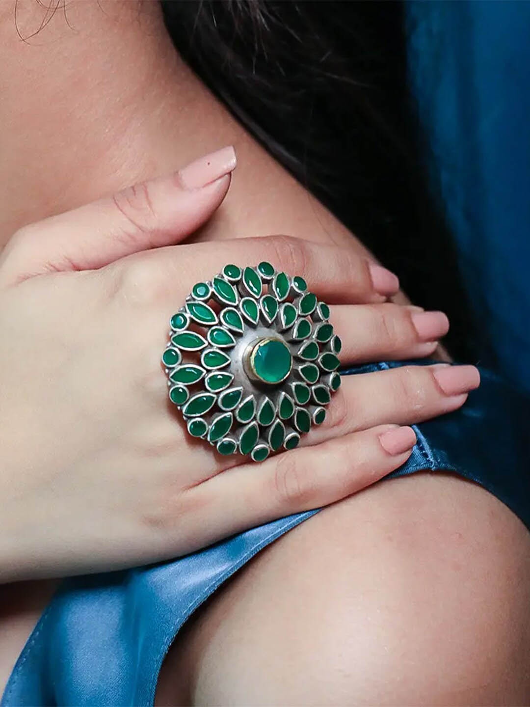 

Unniyarcha Silver-Plated Stone-Studded Adjustable Finger Ring