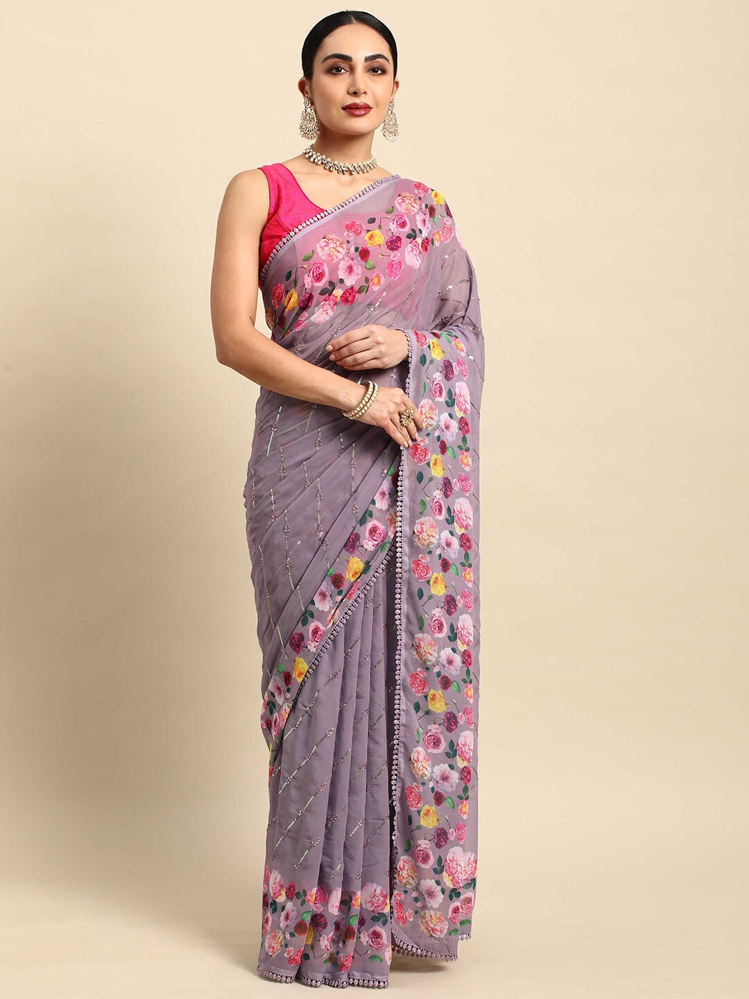 

DrapeMall Floral Printed Saree, Mauve