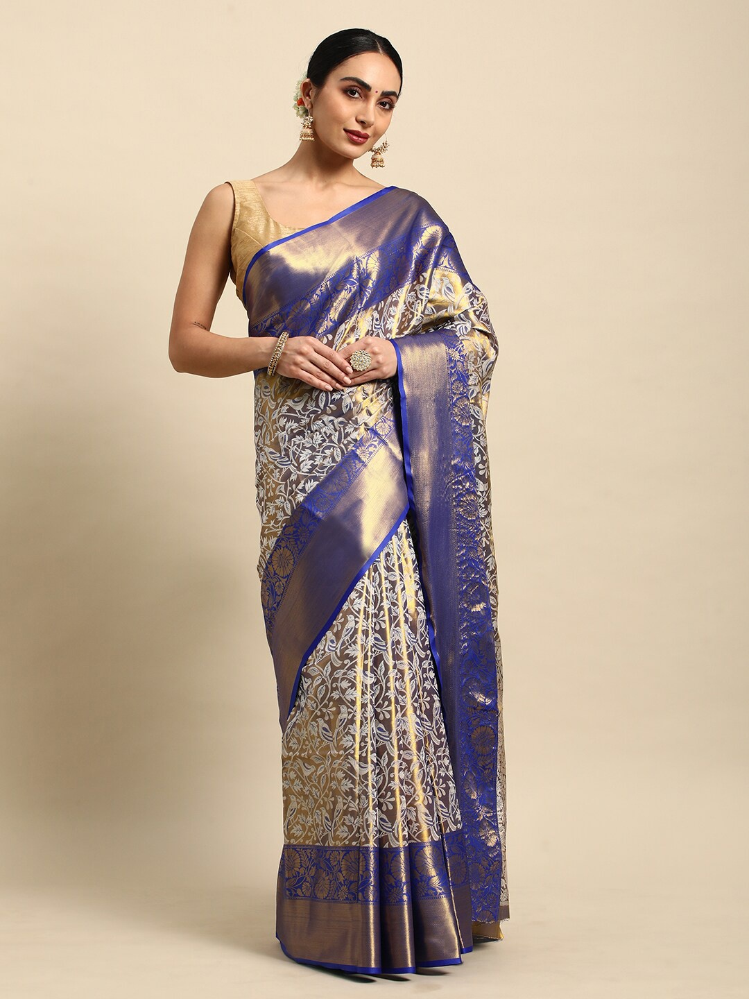 

DrapeMall Floral Woven Design Zari Art Silk Kanjeevaram Saree, Blue