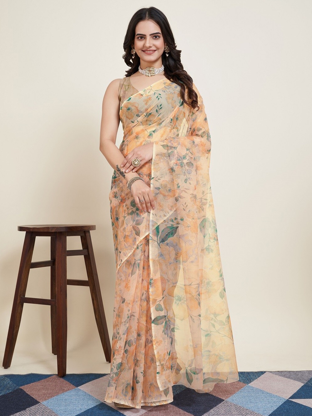 

Nimidiya Floral Printed Supernet Saree, Beige