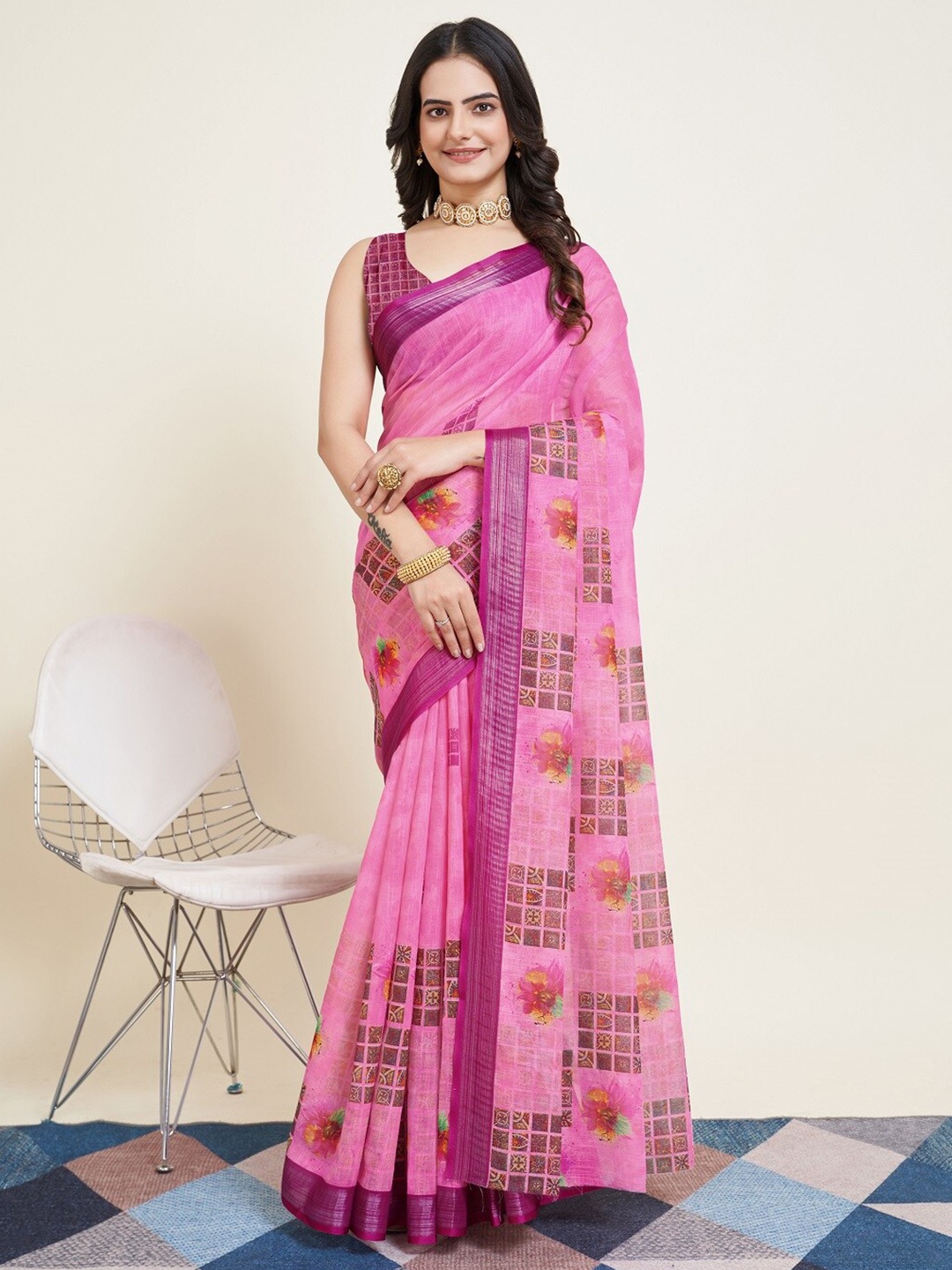 

Nimidiya Floral Printed Kota Saree, Pink