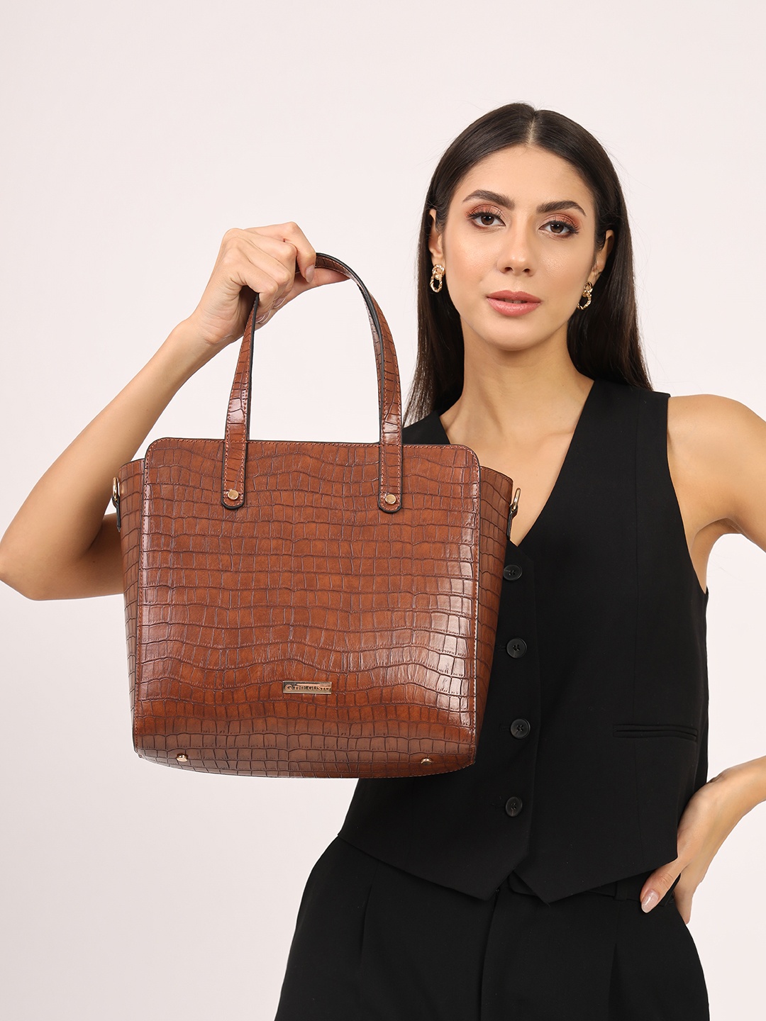 

THE GUSTO Textured PU Shopper Tote Bag, Tan