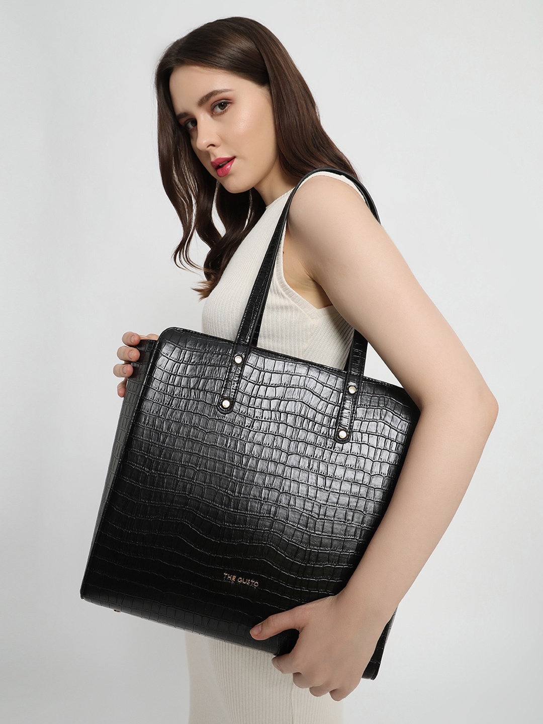 

THE GUSTO Textured PU Oversized Structured Tote Bag, Black