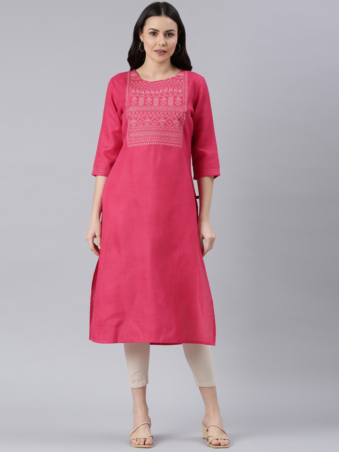 

Samhitas Round Neck Yoke Design Thread Work Straight Kurta, Pink