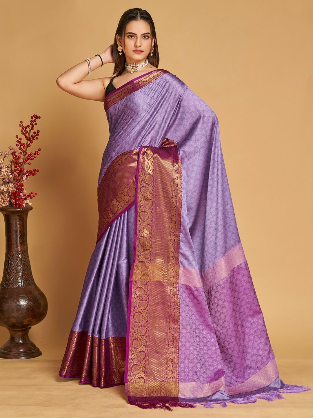 

Nimidiya Woven Design Zari Designer Banarasi Saree with Tassels, Purple