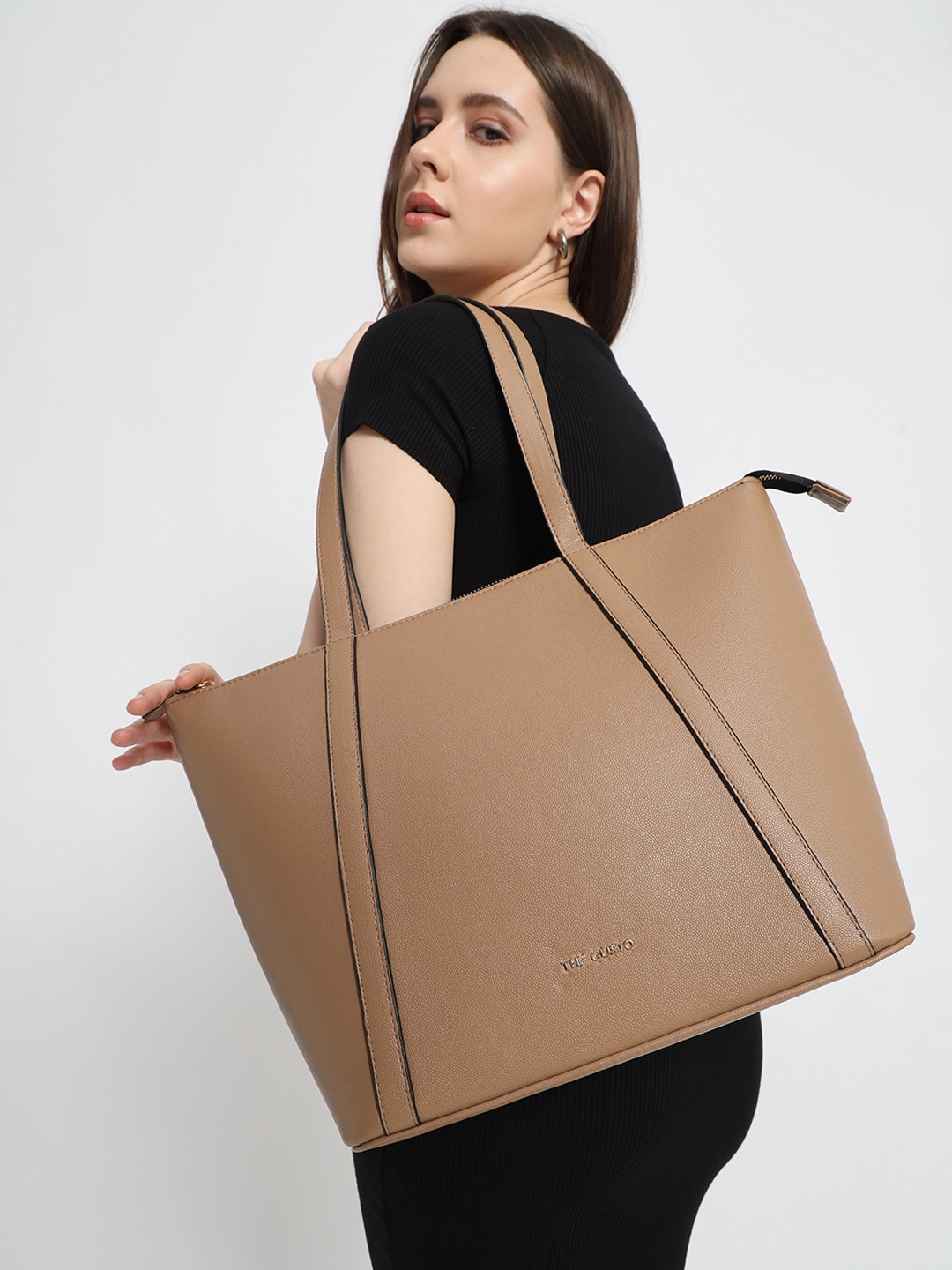 THE GUSTO PU Shopper Handheld Bag, Beige