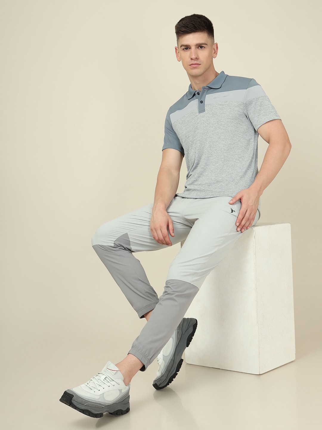 

Technosport SS'24 Colourblocked Polo Collar Short Sleeves Double Cool Slim Fit T-shirt, Grey melange