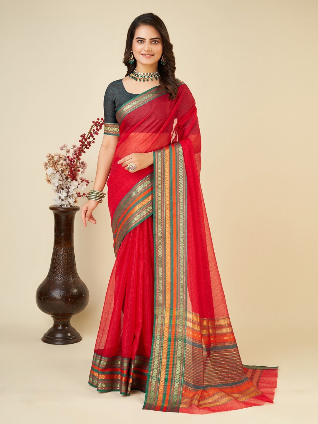 

Nimidiya Woven Design Silk Cotton Zari Kota Saree, Red