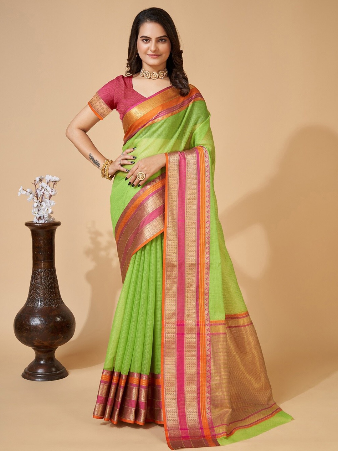 

Nimidiya Woven Design Zari Silk Cotton Kota Saree, Fluorescent green