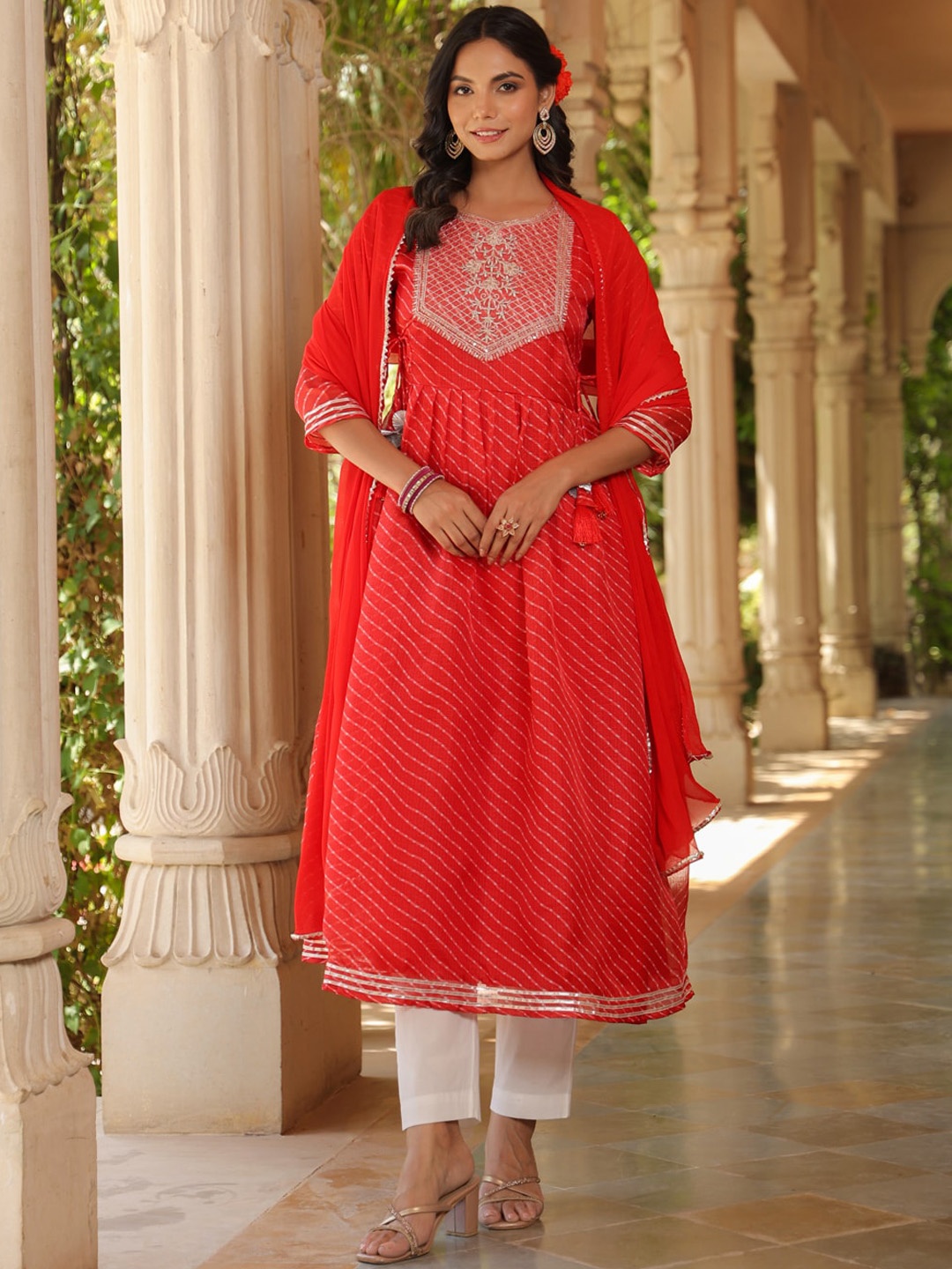 

AURIELLA Leheriya Embroidered Flared Empire Patchwork Anarkali Kurta Set, Red