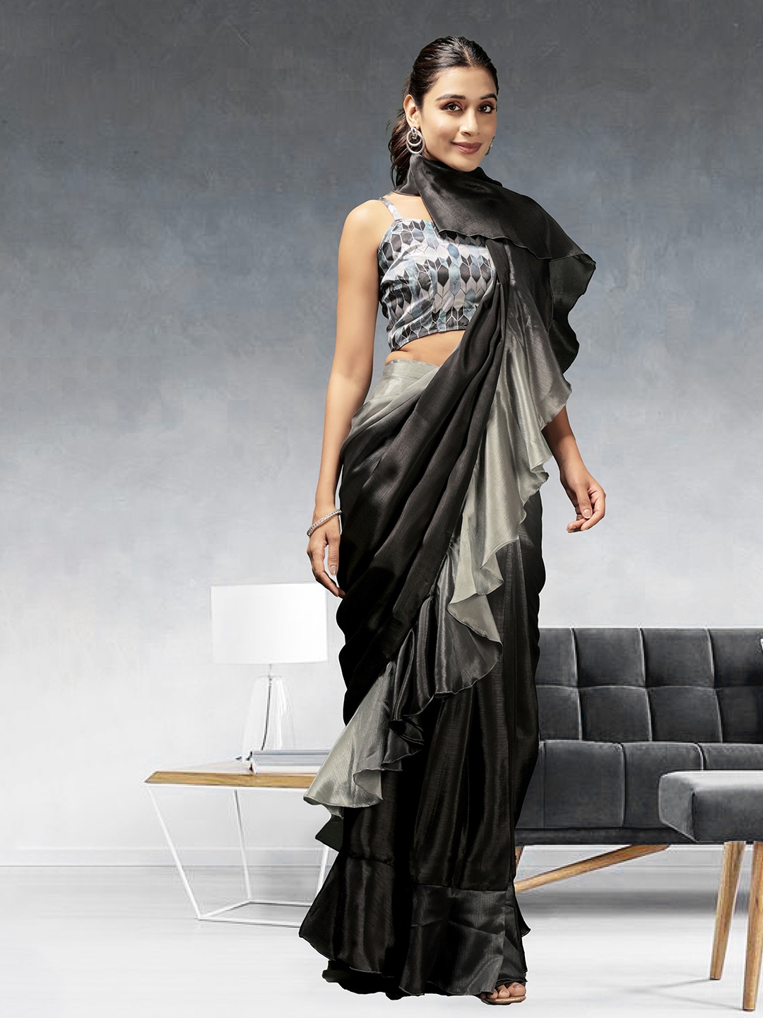 

RACHNA Ombre Prestitched Frill Ready To Wear Saree, Grey