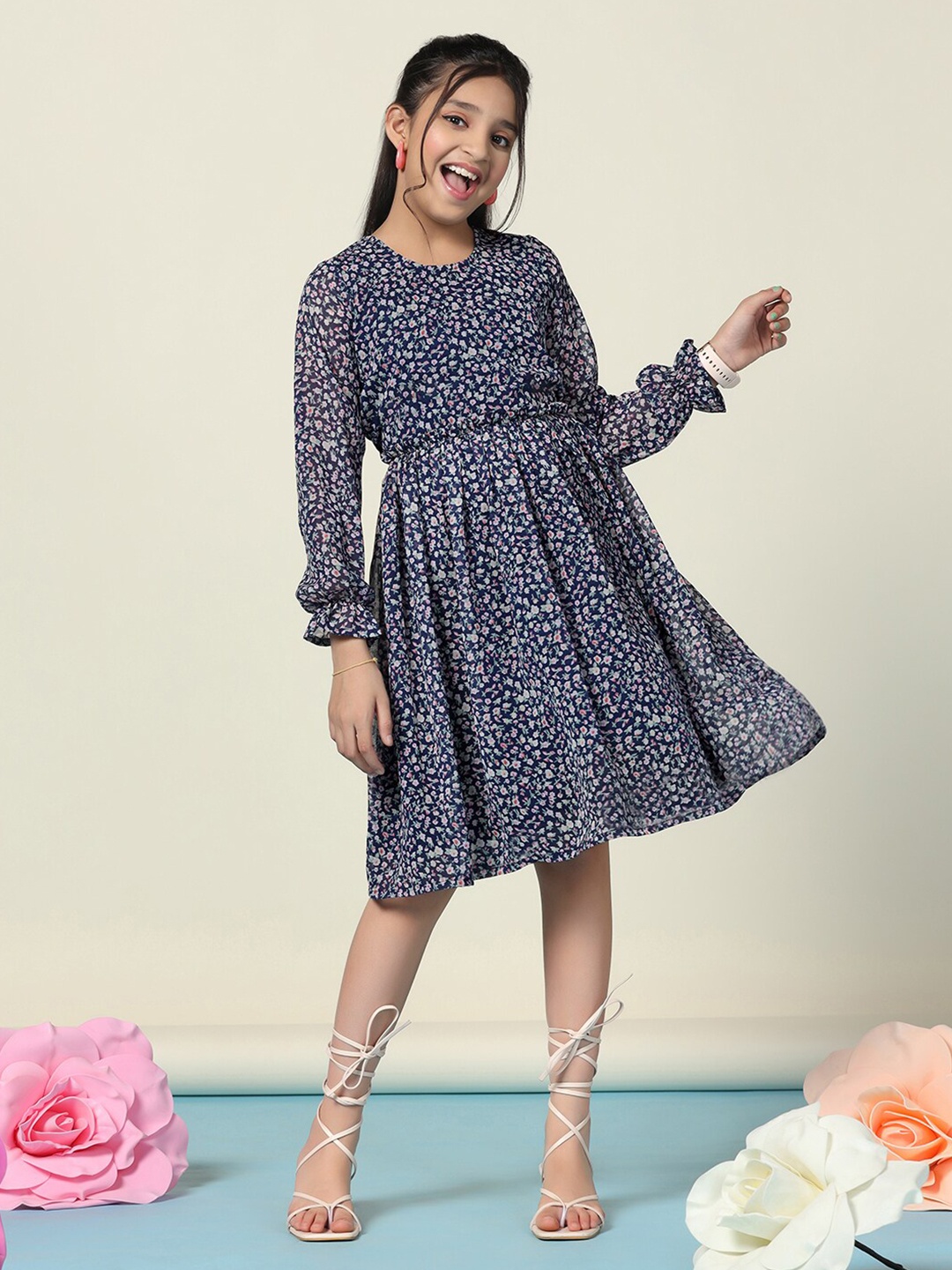 BAESD Floral Printed Round Neck Long Sleeves Fit & Flare Dress, Blue