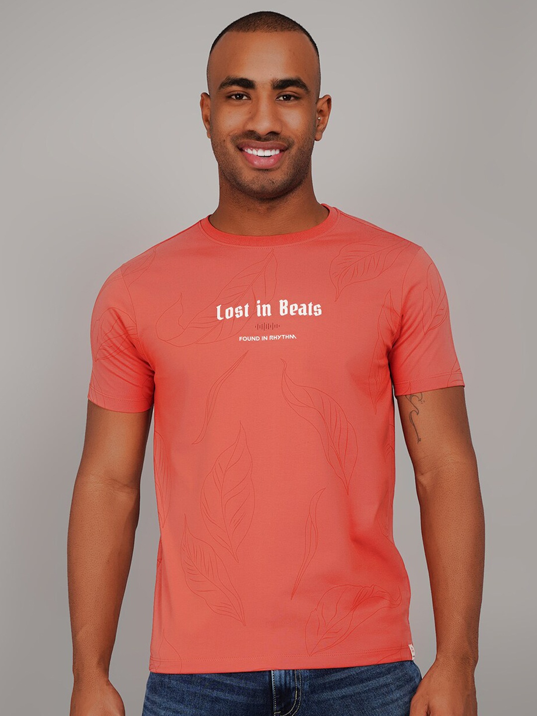 

TIM PARIS Typography Printed Round Neck Cotton T-shirt, Coral