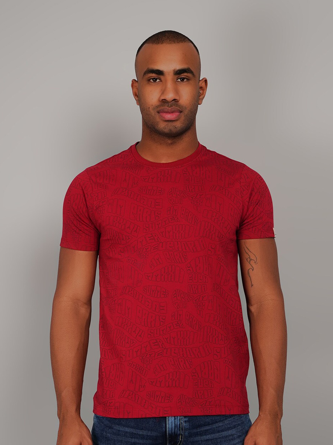 

TIM PARIS Typography Printed Round Neck Cotton T-shirt, Red