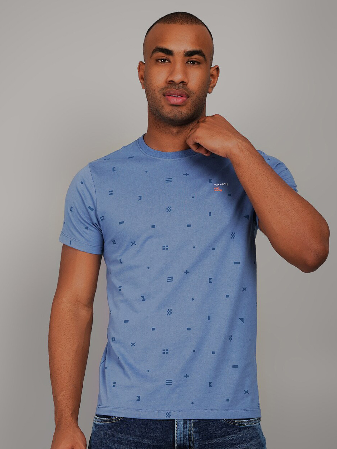 

TIM PARIS Printed Round Neck Cotton T-shirt, Blue