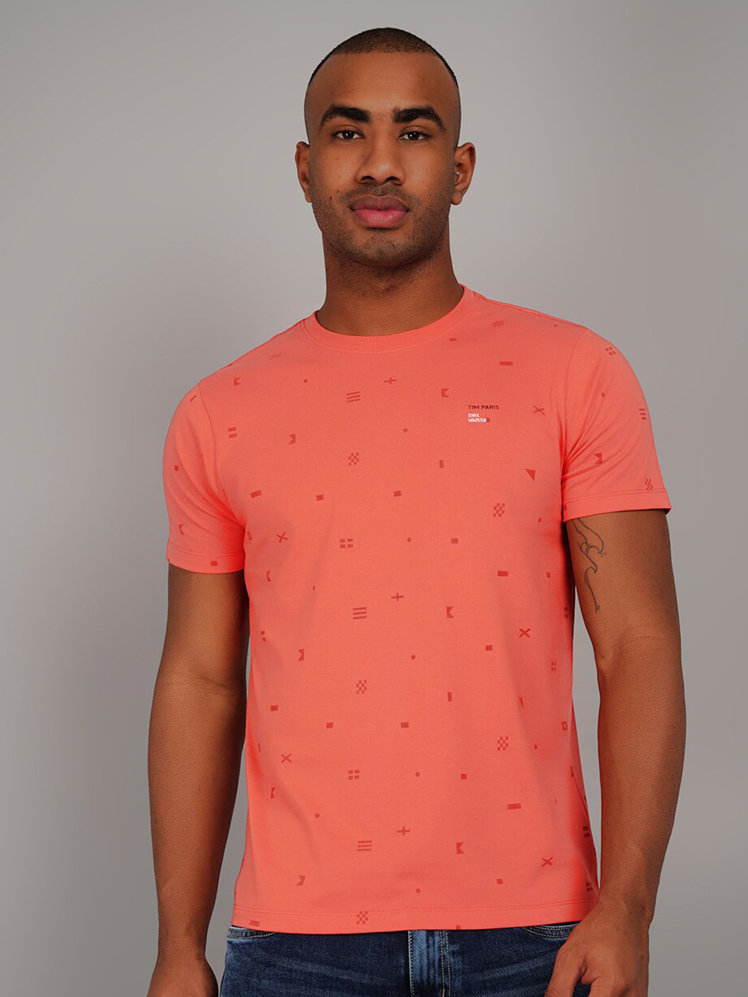 

TIM PARIS Printed Round Neck Cotton T-shirt, Coral