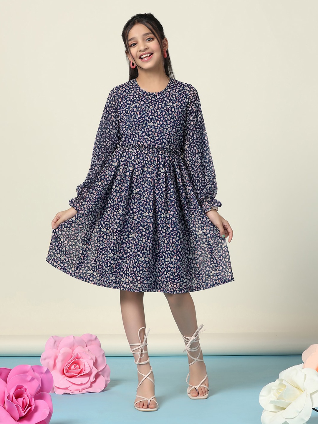 

FASHION DREAM Girls Floral Print Puff Sleeve Georgette Fit & Flare Dress, Blue