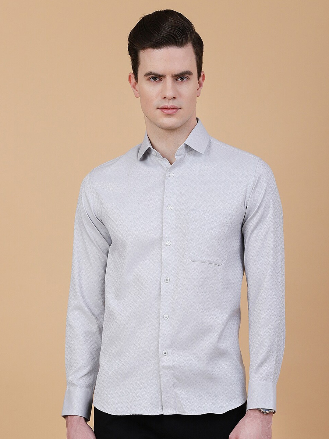 

Greenfibre Slim Fit Self Design Spread Collar Opaque Cotton Partywear Shirt, Grey